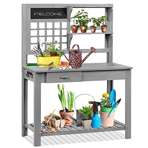 Aoodor Outdoor Potting Bench  TabletWood Workstation with Drawer Storage Space Open Shelf Grey