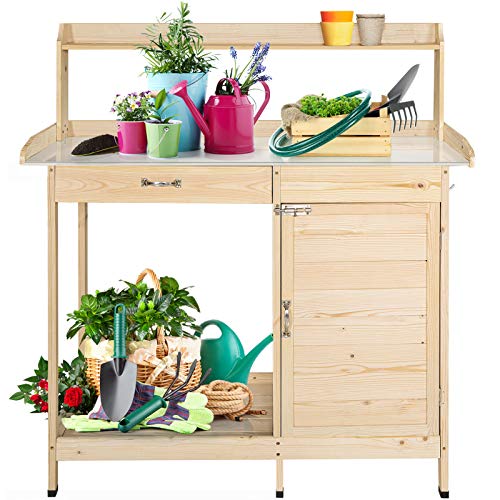 EAGLE PEAK Outdoor Wooden Potting Bench Garden Work Station Table w Cabinet Drawer Bottom Shelf Waterproof Metal Tabletop for Backyard Patio Natural