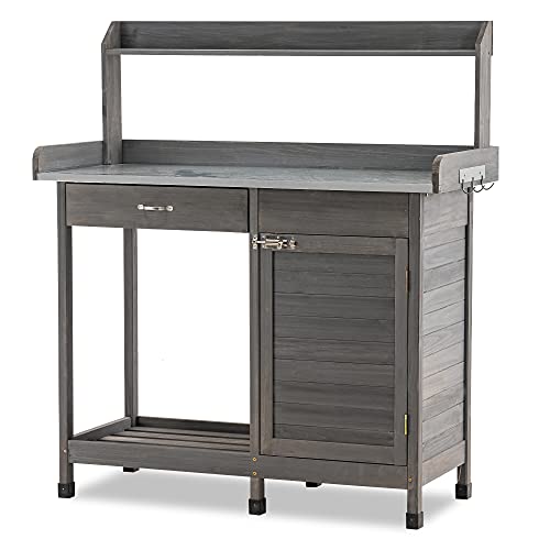 MCombo Potting Bench Outdoor Garden Wood Potting Table Workstation with Cabinet Metal Tabletop Sliding Drawer Open Shelf (Gray)