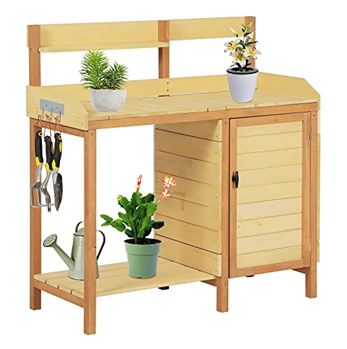 Mederla Outdoor Garden Wooden Potting Bench Work Station wMetal Table Top Cabinet Sliding Drawer and Large Bottom Shelf Natural