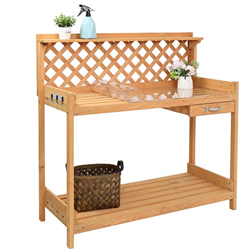 VINGLI Wooden Potting Bench Tables Work Station Table Outdoor Garden Potting Table with Sliding Drawer PVC Mat and Handy Hooks for Backyard Garden Supplies Natural