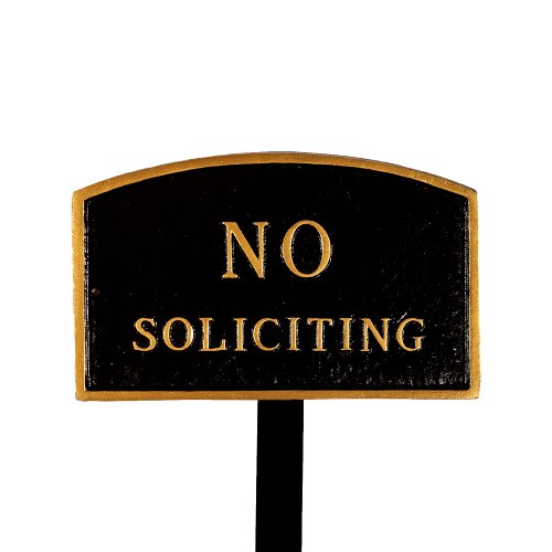 Montague Metal Products Sp-10sm-bg-ls Small Black And Gold No Soliciting Arch Statement Plaque With 23-inch Lawn