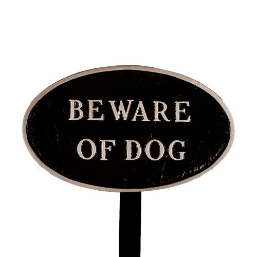 Montague Metal Products Sp-5sm-bs-ls Small Black And Silver Beware Of Dog Oval Statement Plaque With 23-inch Lawn