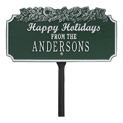Personalized Happy Holidays Candy Cane Custom Cast Metal Lawn Plaque Sign - GreenSilver