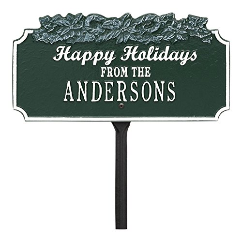 Personalized Happy Holidays Candy Cane Custom Cast Metal Lawn Plaque Sign - GreenWhite