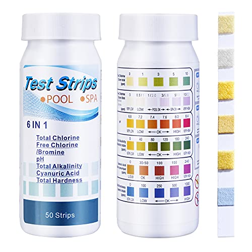 SuperCheck 6in1 Test Strips for Testing Chemicals Content in Pool and Spa 7 Parameters 50 Count Swimming Water Test Kit for Chlorine Bromine pH Alkalinity Cyanuric Acid and Hardness Levels