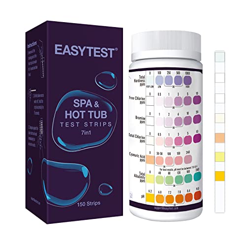 EASYTEST 7Way Hot Tub Test Strips 150 Strips Water Testing for Spa and Swimming Pool Accurate Test Bromine Total Alkalinity pH Free Chlorine Total Hardness Cyanuric Acid and Total Chlorine
