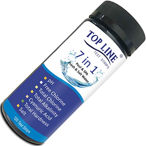 Top Line  7 Way Pool Test Strips (120 Strips)  Hot Tub Test Strips  Spa Test Strips  Fresh  Saltwater Pool Test Strips  Test pH Chlorine Cyanuric Acid Hardness Salt  More