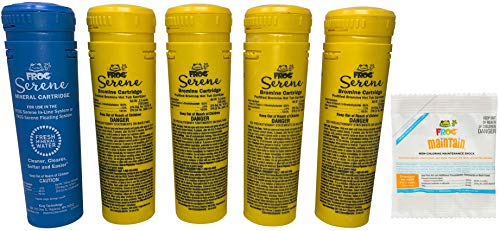 SPA FROG Replacement Cartridges 5 Pack  Frog Serene Bromine and Mineral Cartridge Kit Plus 1 Extra Bromine (4 Bromine  1 Mineral) and Bonus Packet of Frog Maintain NonChlorine Shock