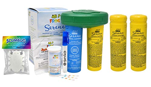 SPA FROG Serene Floating System for Hot Tubs Serene Floating System Start Up Kit 2 Bromine Cartridges Frog Jump Start Shock and Test Strips Scumbug Oil Absorbing Sponge Hand Sanitizer