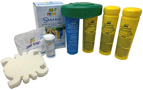 SPA FROG Serene Floating System for Hot Tubs  Start up kit with 1 Mineral  3 Bromine cartridges Cartridge Holder Frog Jump Start Shock and Test Strips (with Bonus Scumbug Oil Absorbing Sponge)