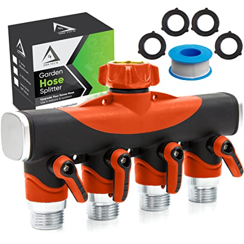 DBR Tech 4 Way Garden Hose Splitter for Outdoor Lawn and Gardening Hoses Heavy Duty Metal Faucet Attachment Leak Resistant Threading with Shut Off Valves Four Way Spigot Adapter Orange