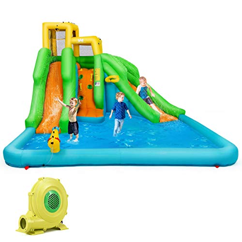 BOUNTECH Inflatable Water Slide 6 in 1 Mighty Backyard Water Park with Double Slides Climbing Basketball Rim Splash Pool Water Cannon Including Bag Repairing Kit Stakes (with 480W Air Blower)