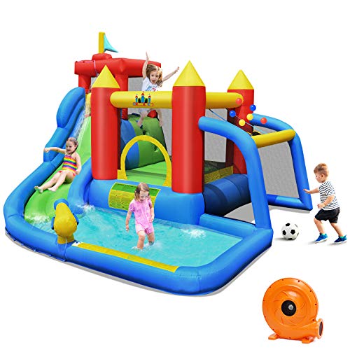 BOUNTECH Inflatable Water Slide 7 in 1 Bounce House Water Pool w Jumping Area Climbing Wall Splash Pool Cannon Ball Gate Including Carry Bag Repair Kit Stakes (with 740W Air Blower)