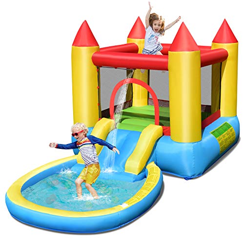Costzon Castle Bounce House with Water Slide Jumping Area Splash Pool Inflatable Slide Bouncer Jump and Slide Bouncer Castle Inflatable Water Park for Kids (Without Blower)