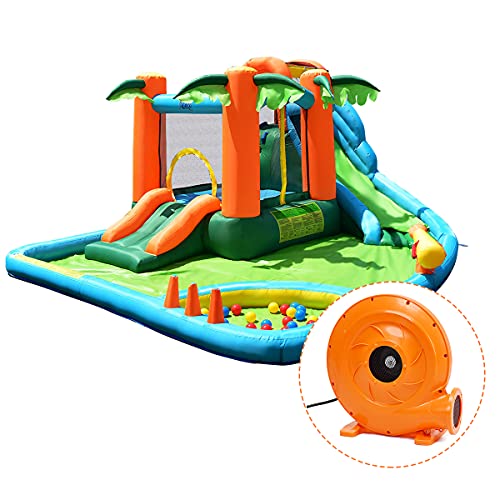GOFLAME 7 in 1 Inflatable Water Slide Jungle Theme Inflatable Bounce House with Two Slides Jumping Area Large Splash Pool Water Cannon Water Slide Pool Water Park for Kids (with 780W Air Blower)