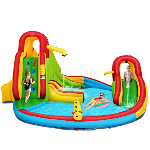 HONEY JOY Inflatable Water Slide 7 in 1 Bouncy Inflatable Water Park wTwo Slides Climbing Wall  Splash Pool Hose Water Cannons Indoor Outdoor Blow Up Waterslides for Backyard (Without Blower)