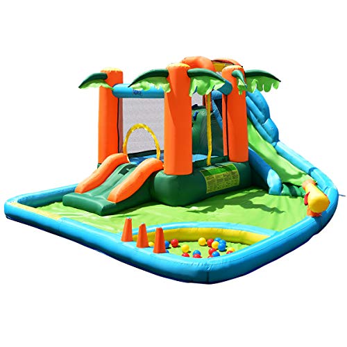 HONEY JOY Inflatable Water Slide 7in1 Kids Bounce House wSlides Splash Pool wWater Cannon  Ocean Ball Climbing Wall Basketball Rim Jungle Blow up Water Park for Backyard(Without Blower)