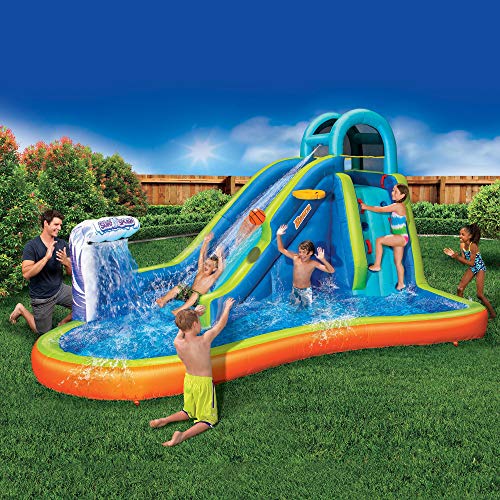 Inflatable Giant Water Slide  Huge Kids Pool (14 Feet Long by 8 Feet High) with Built in Sprinkler Wave and Basketball Hoop  Heavy Duty Outdoor Surf N Splash Adventure Park  Blower Included