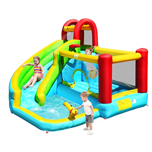 BOUNTECH Inflatable Water Slide 6 in 1 Bounce House w Climbing Wall Jumping Area Splash Pool Water Cannon Basketball Hoop Including Carry Bag Repair Kit Stakes Hose (Without Blower)