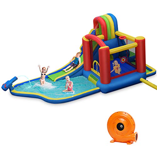 BOUNTECH Inflatable Water Slide 9 in 1 Mighty Backyard Water Park Bouncer w Slide Climbing Wall Water Cannon Splash Pool Including Bag Repair Stakes Hose Ocean Balls (with 740W Air Blower)