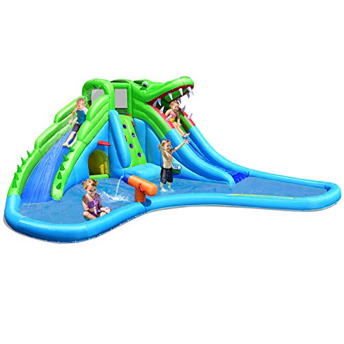 Costzon Inflatable Water Slide Giant 7 in 1 Crocodile Backyard Water Park wSlides Climb Wall Splashing Pool Basketball Rim Water Cannon  Tunnel Including Bag Hose Repair Kit (Without Blower)
