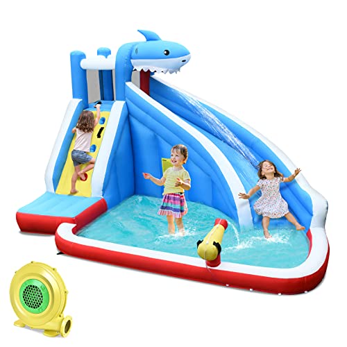 HONEY JOY Inflatable Water Slides Kids Bounce House wLong Slide Climbing Wall  Large Splash Pool Water Cannons  Hose Shark Themed Outdoor Inflatable Water Park for Backyard(with 750w Blower)