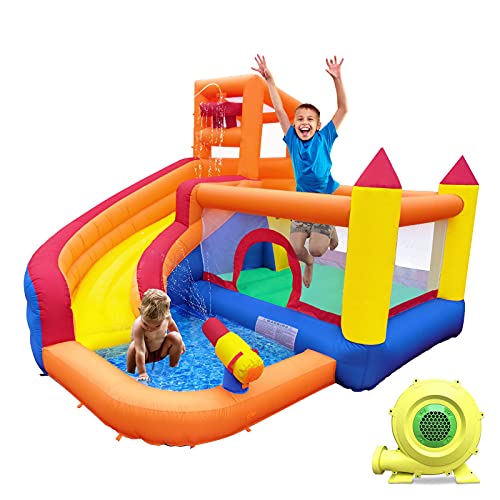 HuaKastro Inflatable Bounce House with Blower Dry  Water Slide 5 in 1 Backyard Water Park W Climbing Wall Splash Pool Jumping Castle Water Slide Cannon Bucket Dump for Indoor Outdoor Parties