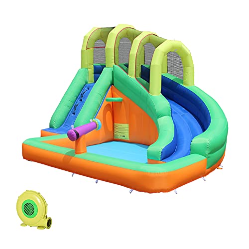 JOOLOOG Inflatable Water Slides Kids Bounce House with Blower Splashing Pool Climbing Wall Basketball Scoop and Water Cannon Blow Up Water Slides for Kids Backyard（with 450w Blower）