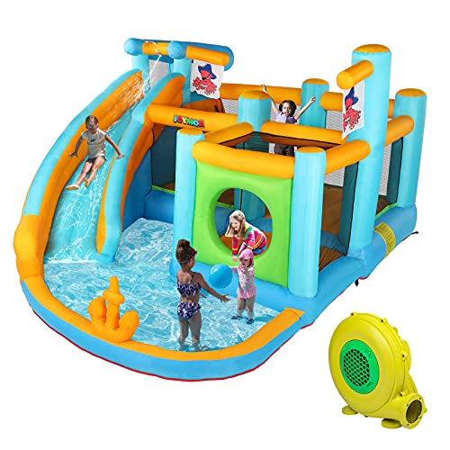 JOYMOR Inflatable Water Slide Park Pirate Themed Bounce House w Obstacle Wall Water Gun Splash Pool Water Slide Bouncer Castle Outdoor Backyard Playhouse for Kids (Included Blower)