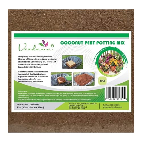 Verdana Coconut Fiber Potting Mix  10 Lb Compressed Block Brick  Coco Coir Coco Peat Coir Pith  Alternative to Peat Moss  Soilless Growing Medium  Low EC Optimum pH High Expansion