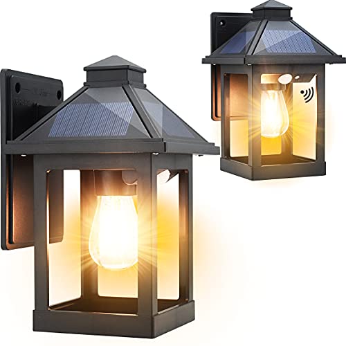 2 Pack Solar Wall Lanterns Outdoor with 3 Modes CYHKEE Wireless Dusk to Dawn Motion Sensor LED Sconce Lights IP65 Waterproof Exterior Front Porch Security Lamps Wall Mount Patio Fence Decorative