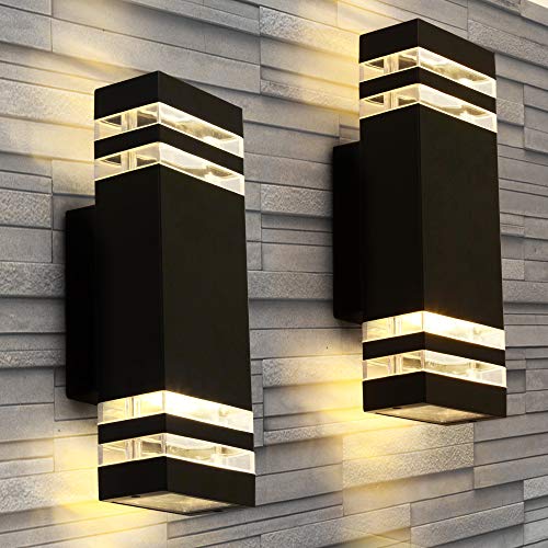 LANFU LED Wall Sconce Waterproof Porch Light 12W Black Modern Waterproof Wall Lamps 1000 Lumen 2700k Warm White IP65 Waterproof Outdoor UpDown Light (2 PCS