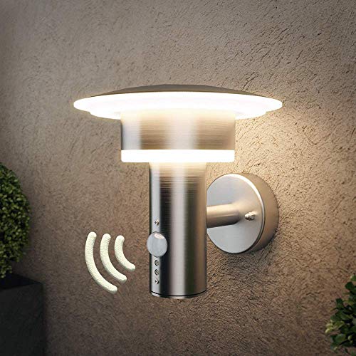 NBHANYUAN Lighting LED Outdoor Wall Light Fixtures with PIR Sensor Exterior Wall Sconce Silver Stainless Steel Weatherproof 3000K Warm Light Front Door Porch Light 110V 1000LM Energy Class A