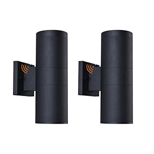 mirrea Modern Outdoor Porch Light Patio Light in 2 Lights Dusk to Dawn Photocell Sensor with Matte Black Aluminum Cylinder and Tempered Glass Cover Waterproof Wall Sconce 2 Pack