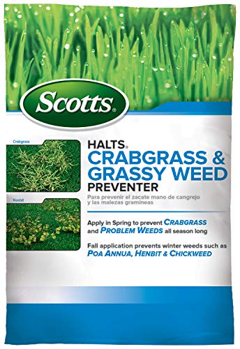 Scotts Halts Crabgrass  Grassy Weed Preventer  Crabgrass Preventer Pre Emergent Weed Control for Lawns Prevents Chickweed  More Treats up to 10000 sq ft 2012 lb