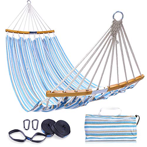 Double Hammock with Tree Straps Kit Ohuhu Folding CurvedBar Bamboo Hammock with Carrying Bag Portable 2Person Hammocks for Patio Backyard Porch Camping Travel Indoor Outdoor Use