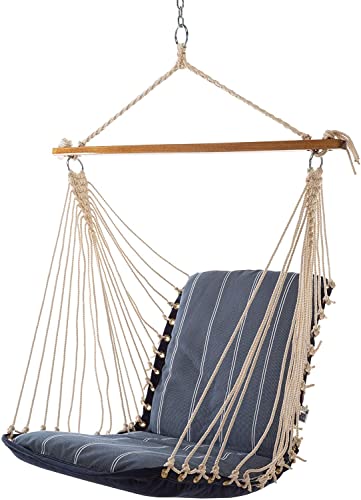 Original Pawleys Island Sunbrella Cushioned Single Swing in Equal Ink with Oak Spreader Bar Handcrafted in The USA 350 LB Weight Capacity 24 in L x 24 in W x 24 in D