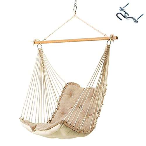 Original Pawleys Island Sunbrella Tufted Single Swing in Antique Beige with Oak Spreader Bar Handcrafted in The USA 300 LB Weight Capacity 24 in L x 24 in W x 24 in D