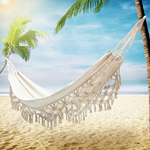 TMcom Hammock Handmade Organic Cotton Classic Hammock Macrame Fringe Tree Hammocks Swing Bed for CampingBeachBedroom PatioPatio Porch OutdoorIndoorWedding DecorYard