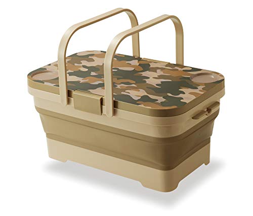 Collapsible Picnic Basket for 2 or 4 with Lid Camo Tray Table 4 Gal  15L Outdoor Camping Sink Wash Basin with Drain for Picnic or The Beach Camping Hiking Hunting Fishing and Home