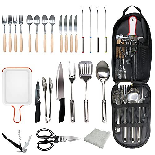 Lccxume Camping Cookware 27pcs Camping Utensils Set Portable Stainless Camp Kitchen Equipment Steel Camping Accessories Compact Gear for BBQ Camping Hiking Travel Water Resistant Organizer Bag