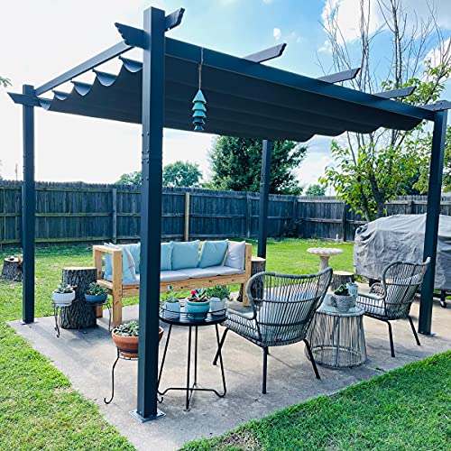 PURPLE LEAF 10 X 12 Outdoor Retractable Pergola with Sun Shade Canopy Patio Metal Shelter for Garden Porch Beach Pavilion Grill Gazebo Modern Yard Grape Trellis Pergola Gray