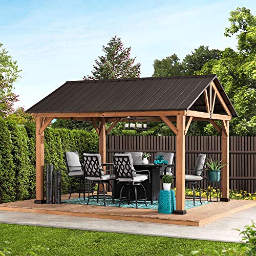 Sunjoy Gale 11 x 13 ft Cedar Framed Gazebo with Steel Gable Hardtop Roof Brown