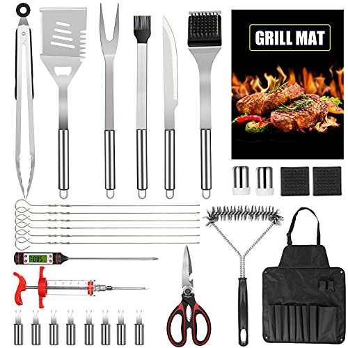 MPBEKING Grill Accessories 30PCS Stainless Steel BBQ Tools Set with Storage Apron for Men Women Grilling Utensils with ThermometerTongsSkewersGrill MatSpatula for Camping Backyard Barbecue
