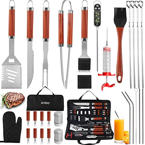 grilljoy 30PCS BBQ Grill Tools Set with Thermometer and Meat Injector Extra Thick Stainless Steel Spatula Fork Tongs  Complete Grilling Accessories in Portable Bag  Perfect Grill Gifts for Men