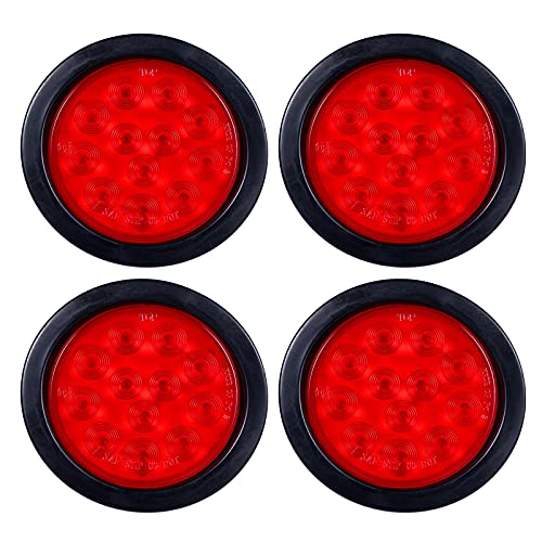 4Pcs 4 Inch Round Led Trailer Tail Lights Red 12 LED Waterproof 4 Brake Stop Turn Tail Marker Trailer Lights Sealed Flush Mount for Truck Trailer RV Boat Jeep UTE UTV 12V Grommet and Plug Included