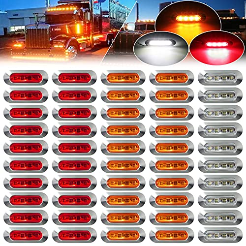 50PCS 1224V 4 LED Side Marker Indicator Lights Side Front Rear Tail Clearance Lamp Marker Light Trailer Lights with Chrome Bezel for Trailer Truck Boat Deck RV Camper  AmberWhiteRed