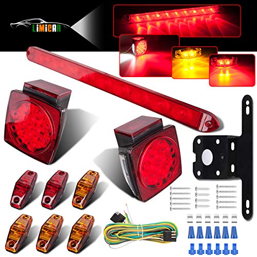 LIMICAR LED Trailer Lights Kit 12V Waterproof Square Stop Turn Tail Truck Lights wWire  Bracket RedAmber Side Fender Marker Lamps 3rd Brake ID Light Bar for Trailer Camper Snowmobile RV