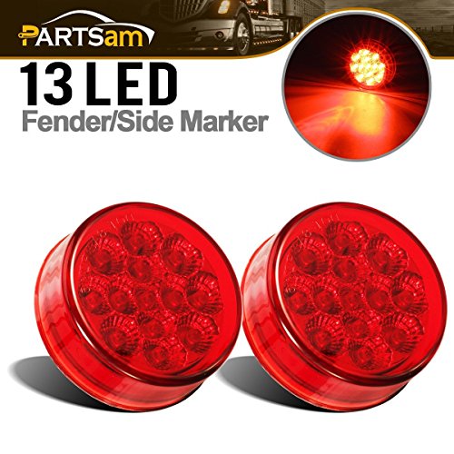 Partsam 2Pcs 25 Round Trailer Led Side Marker Lights Red 13 Diodes with Reflectors Waterproof 12V Sealed Trucks Lamps 25 Round Led Marker Lights Cab Sleeper Panel Lights